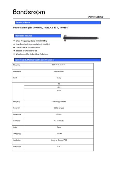 BDC 2 way Splitter 300W 380-3800 MHz, - Image 2